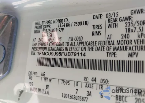 2015 Ford Escape Titanium z USA, uszkodzony, nr VIN 1FMCU9J98FUB79114